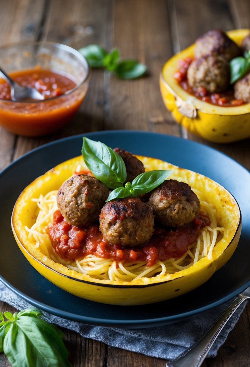 A steaming plate of spaghetti squash topped with meatballs and marinara sauce, garnished with fresh basil leaves on a rustic wooden table