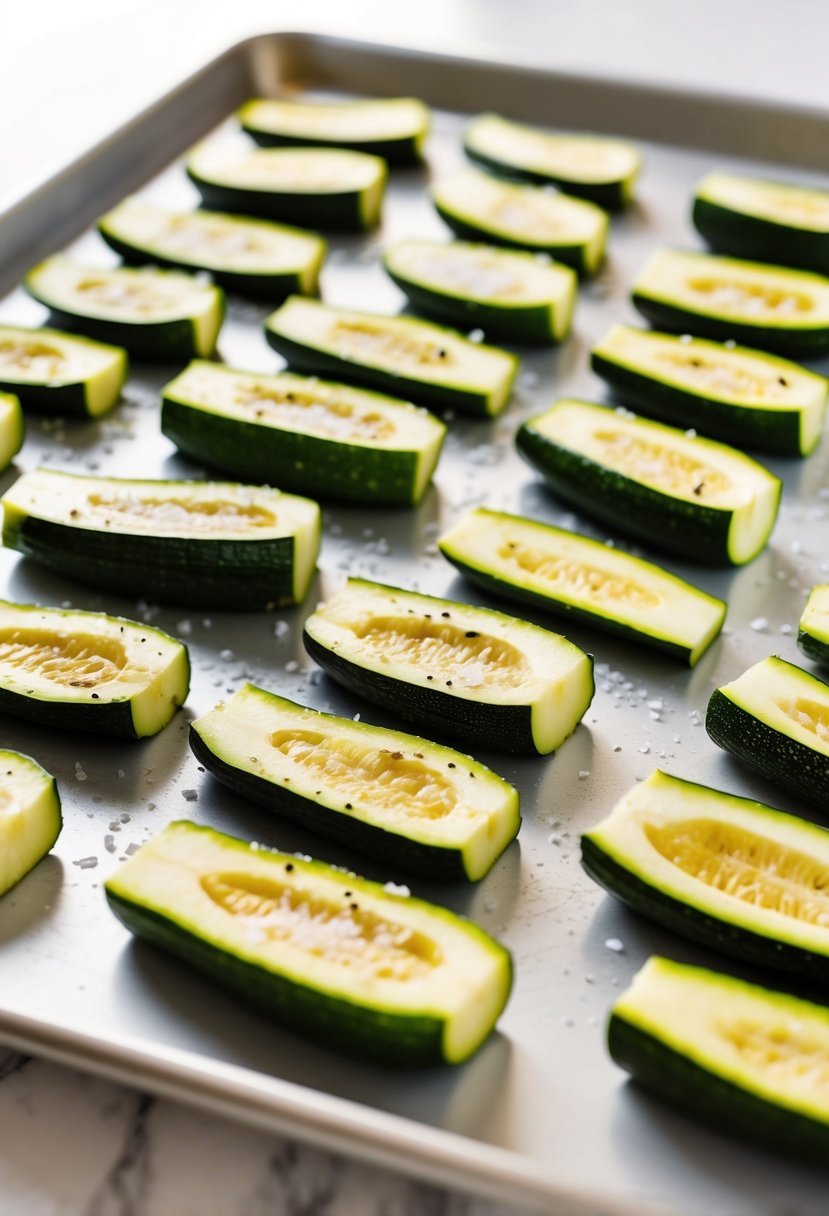 Fresh zucchini slices arranged on a baking sheet, sprinkled with sea salt, ready for roasting