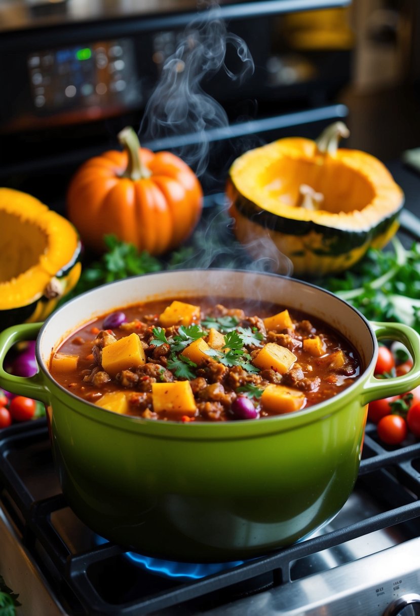 A pot of spicy acorn squash chili simmering on a stovetop, surrounded by vibrant vegetables and herbs