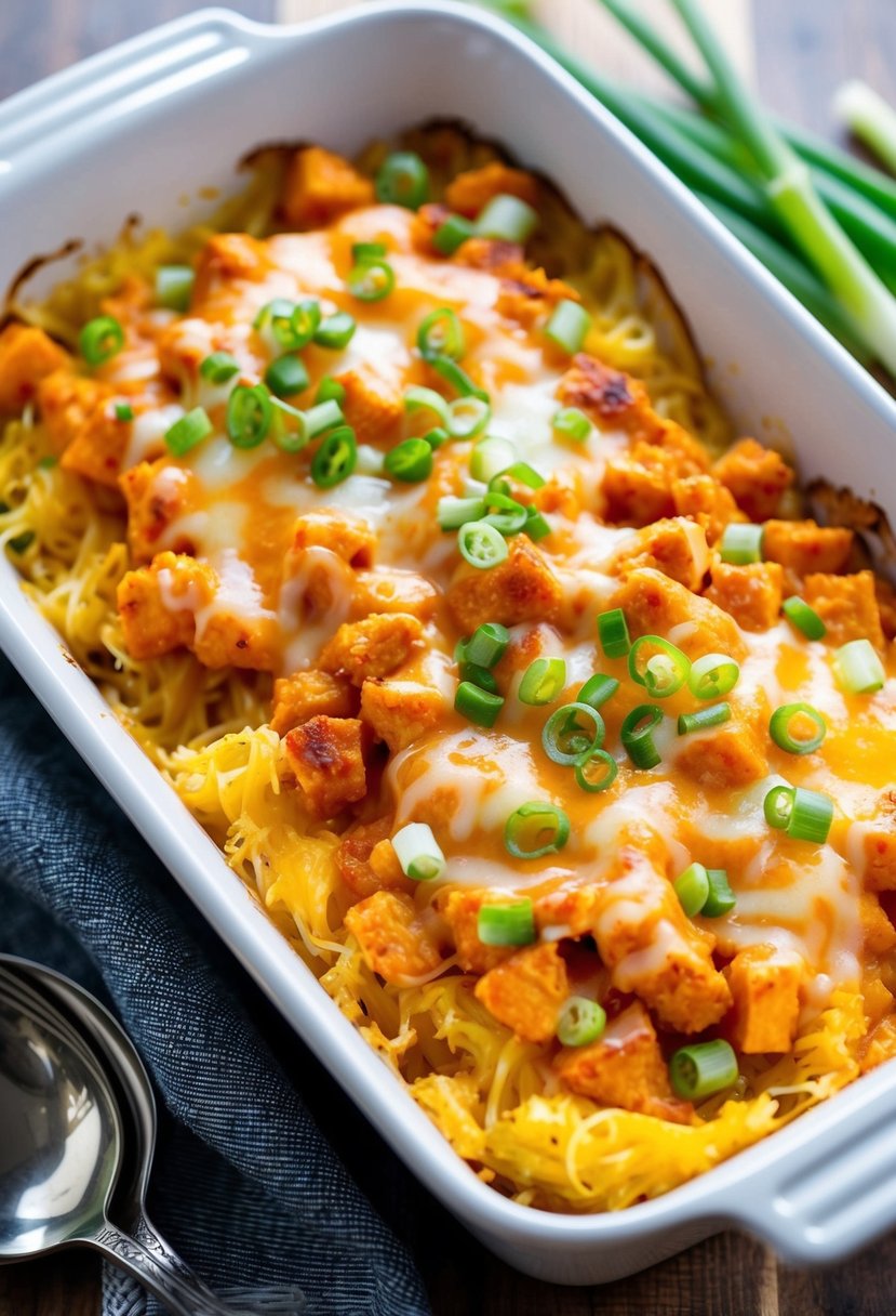 A baking dish filled with buffalo chicken spaghetti squash casserole, topped with melted cheese and garnished with chopped green onions