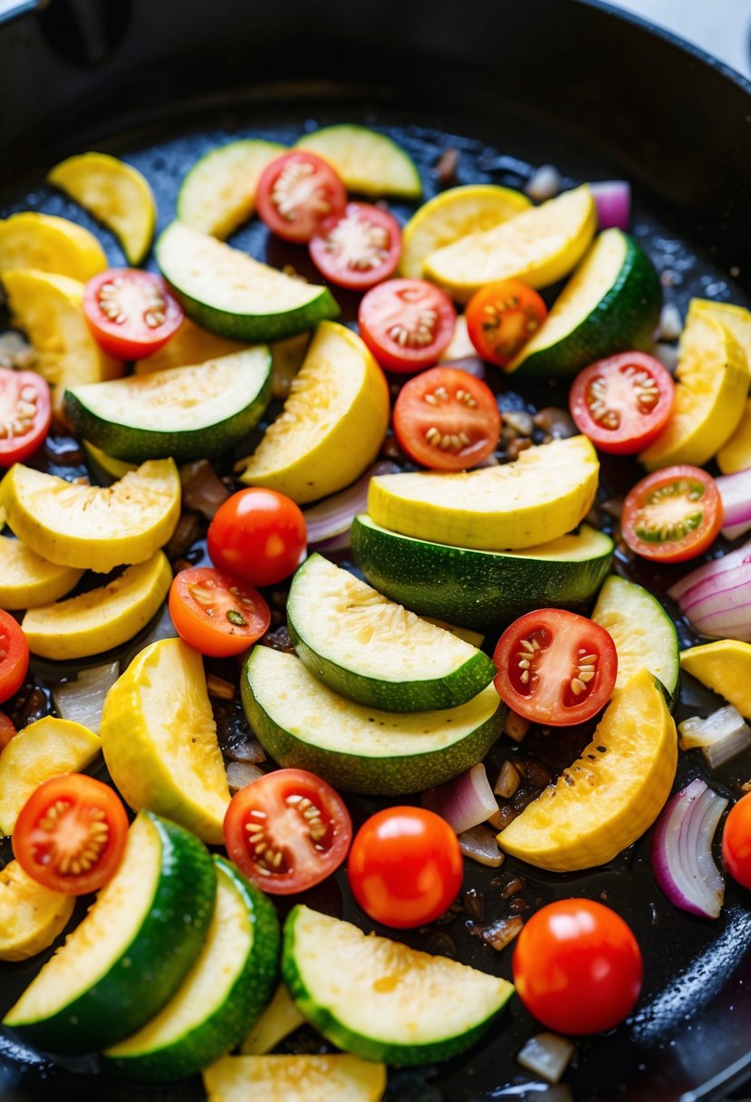 A colorful array of sliced summer squash, tomatoes, and onions sizzling on a hot skillet, ready to be filled into warm tortillas for delicious tacos