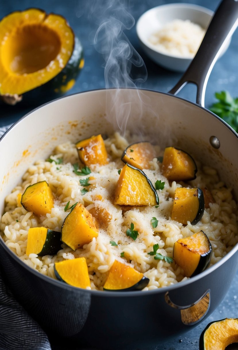 A pot of creamy risotto with chunks of roasted acorn squash, sprinkled with freshly grated Parmesan cheese