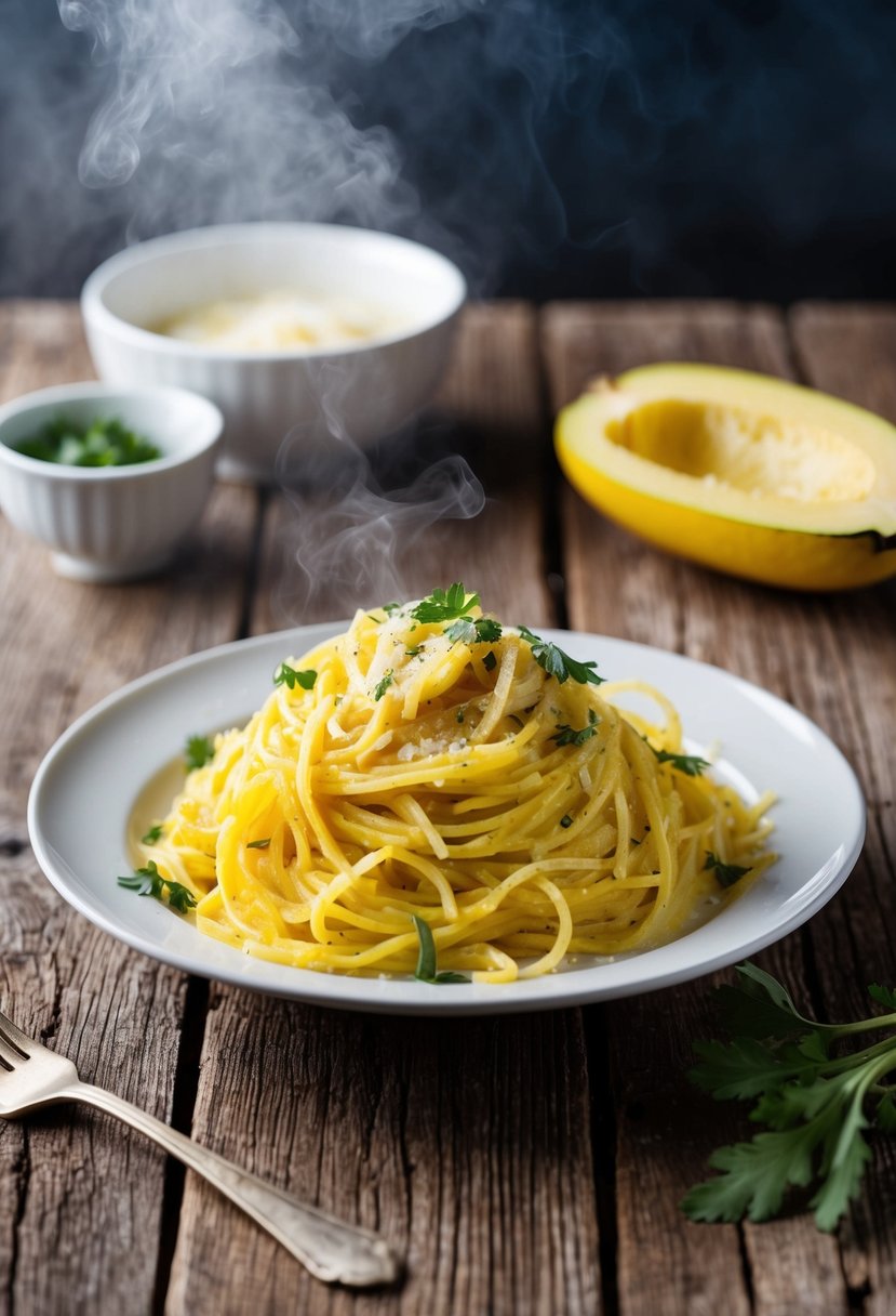 A steaming plate of spaghetti squash carbonara on a rustic wooden table with a fork and a sprinkle of fresh herbs