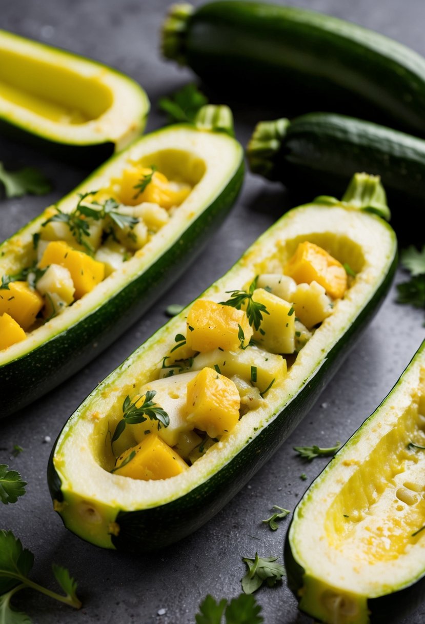 Fresh zucchinis halved and hollowed out, filled with a savory mixture of summer squash, herbs, and cheese, ready to be baked