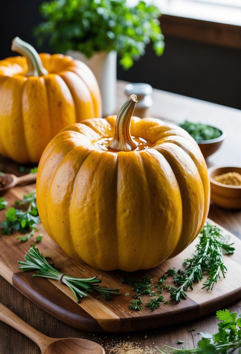 A whole acorn squash with honey-mustard glaze, surrounded by fresh herbs and spices on a wooden cutting board