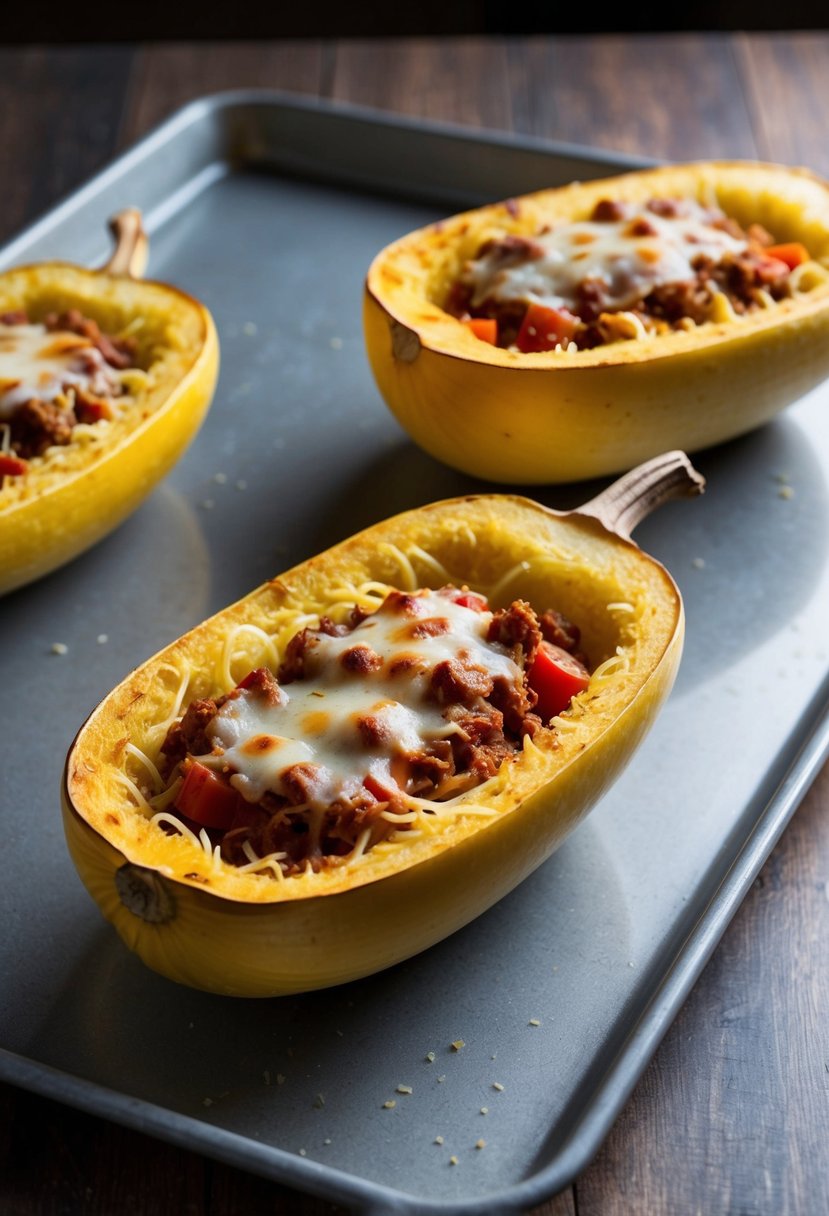 Spaghetti squash halved, hollowed, filled with lasagna ingredients, baked on a tray