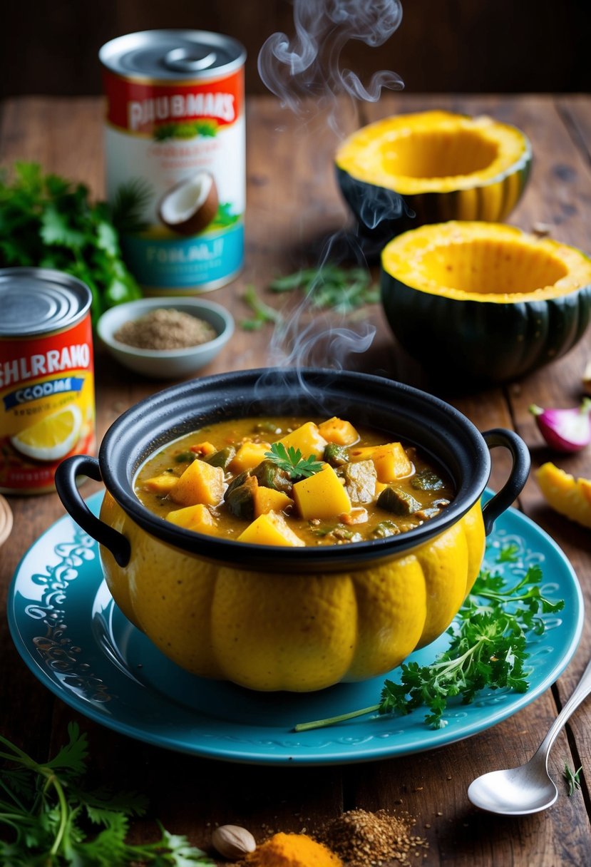 A pot of acorn squash curry simmers on a rustic wooden table, surrounded by vibrant spices, fresh herbs, and a can of coconut milk