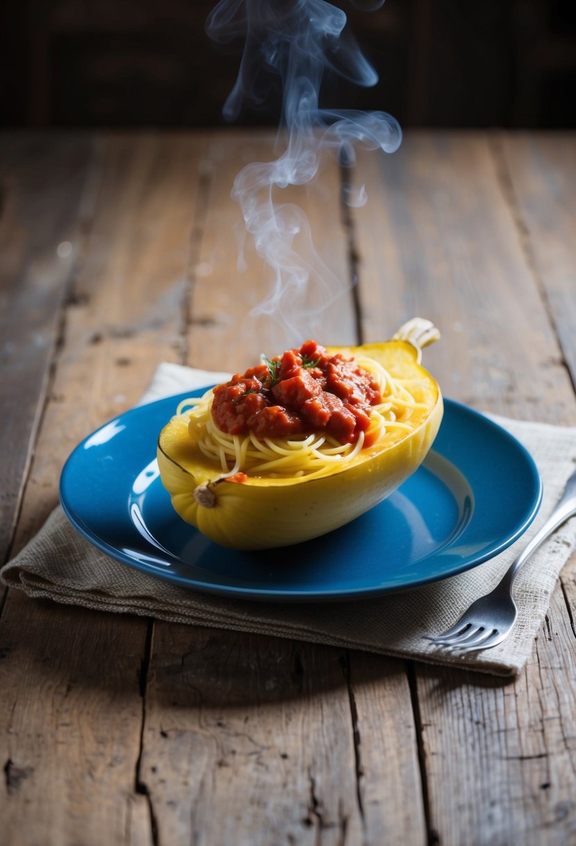 A steaming plate of spaghetti squash topped with marinara sauce on a rustic wooden table