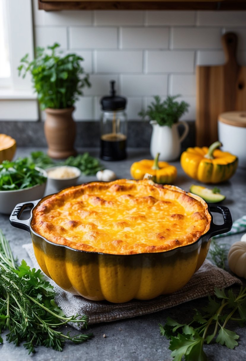 A casserole dish of cheesy acorn squash, surrounded by fresh herbs and ingredients