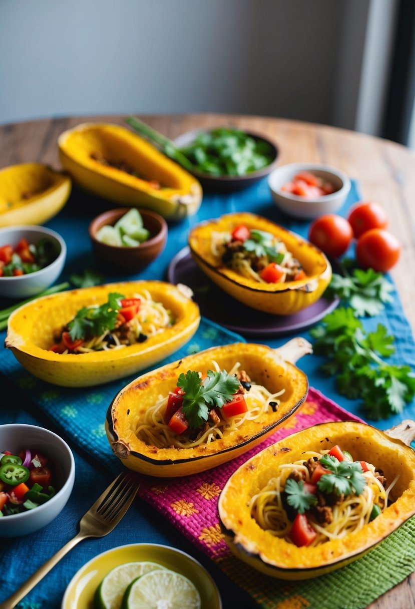 A colorful table spread with roasted spaghetti squash, fresh vegetables, and taco fixings, ready to be assembled into vegetarian spaghetti squash tacos