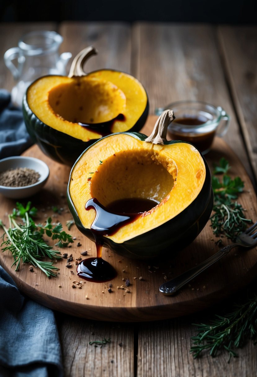 A halved acorn squash drizzled with balsamic glaze, surrounded by fresh herbs and spices