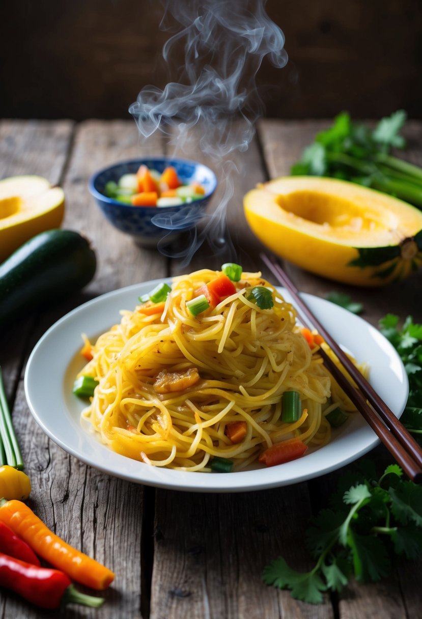 A steaming plate of spaghetti squash chow mein sits on a rustic wooden table, surrounded by colorful vegetables and chopsticks