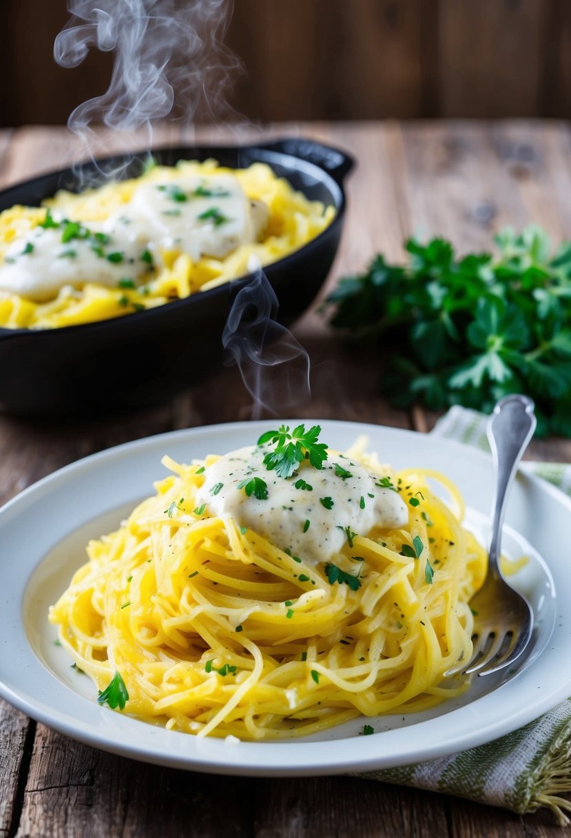 A steaming plate of spaghetti squash Alfredo, garnished with fresh herbs and served on a rustic wooden table