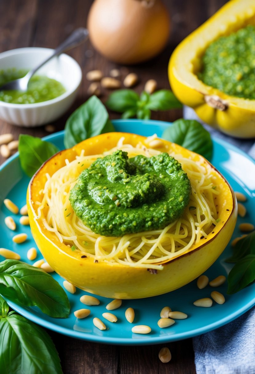 A colorful plate of spaghetti squash topped with vibrant green pesto sauce, surrounded by fresh basil leaves and pine nuts