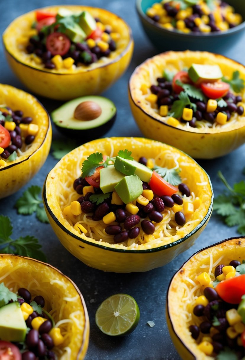 A colorful array of Mexican-style spaghetti squash bowls, filled with a variety of vibrant and flavorful toppings such as black beans, corn, tomatoes, avocado, and cilantro