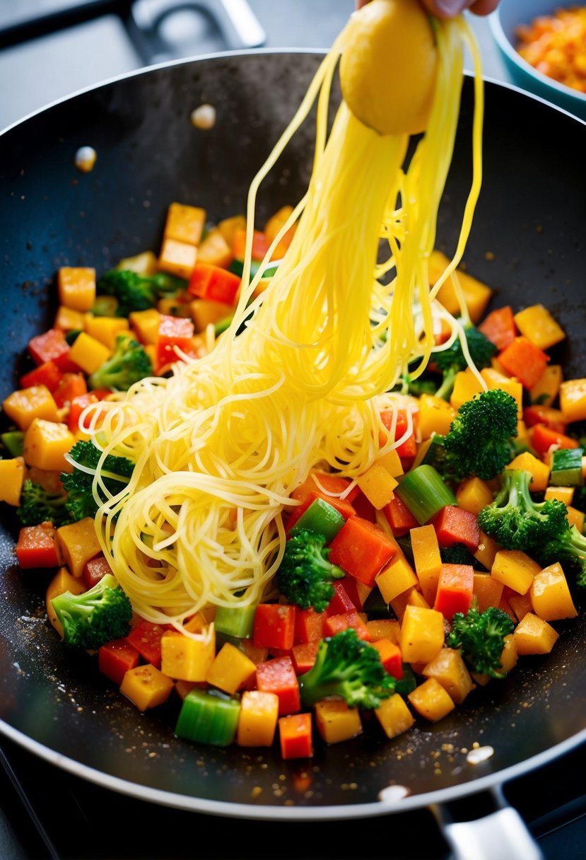 A colorful array of diced vegetables sizzling in a wok, with strands of spaghetti squash intertwined throughout