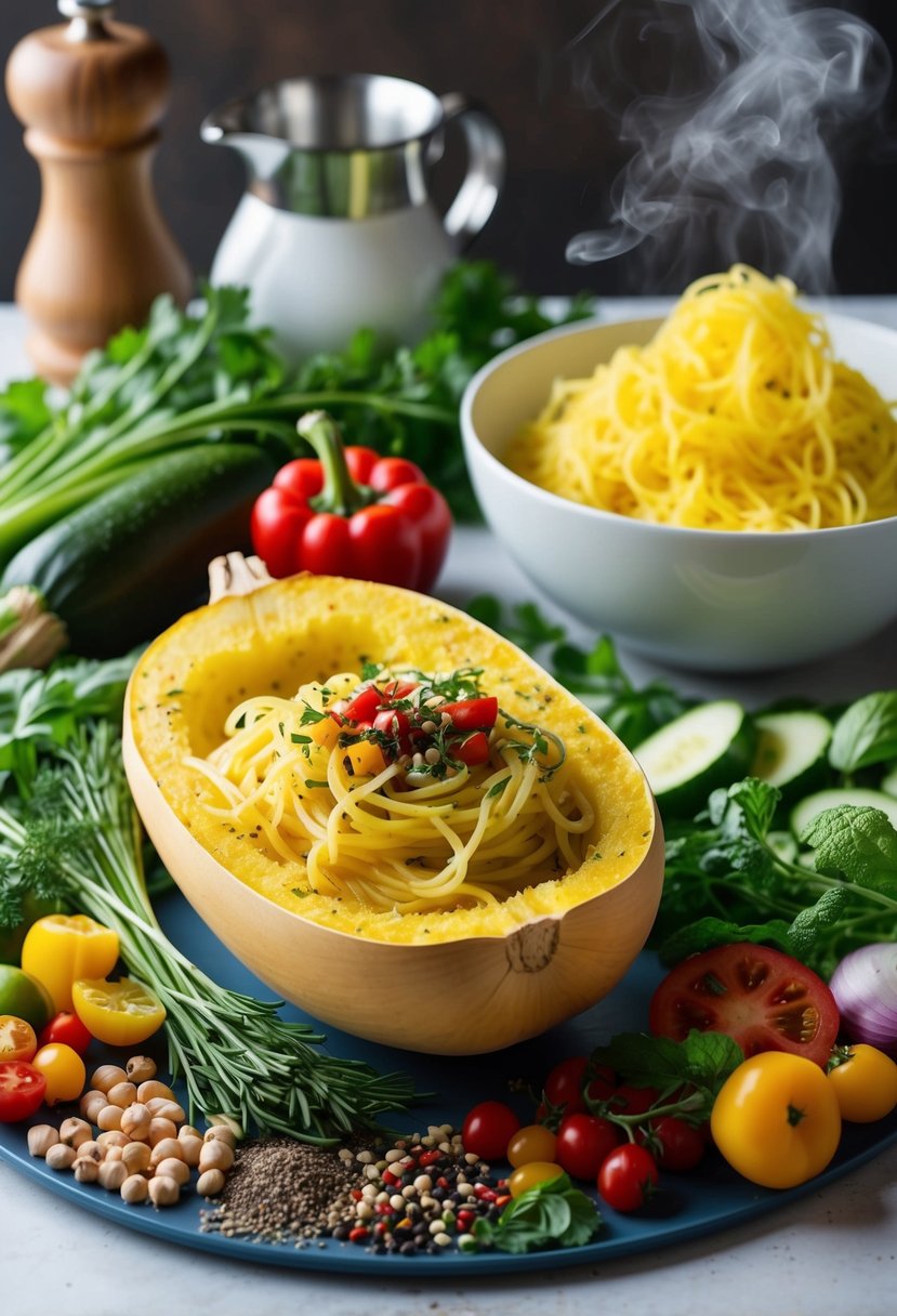 A colorful array of fresh vegetables, herbs, and seasonings arranged around a halved spaghetti squash, with a steaming bowl of vegan spaghetti squash noodles in the background