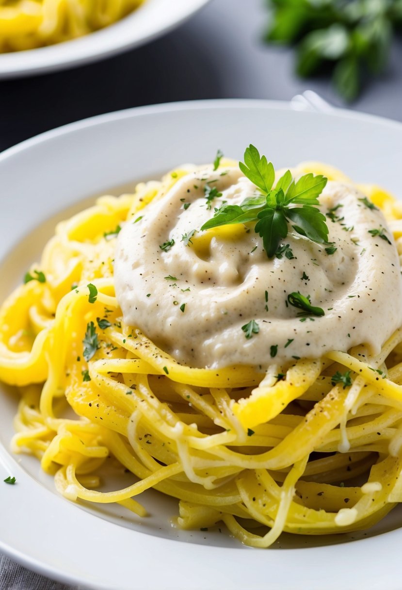 A steaming plate of spaghetti squash alfredo with a creamy sauce, topped with fresh herbs and a sprinkle of black pepper