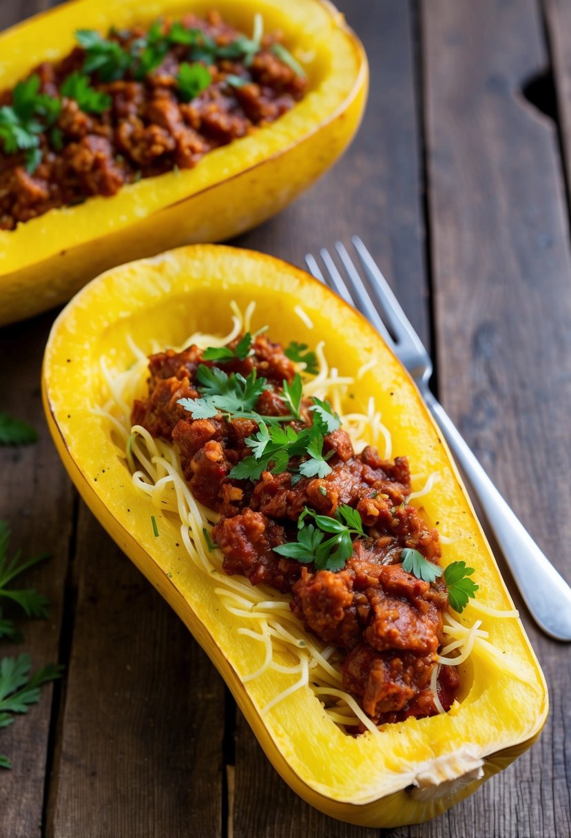 A halved spaghetti squash filled with chili and topped with fresh herbs, sitting on a rustic wooden table