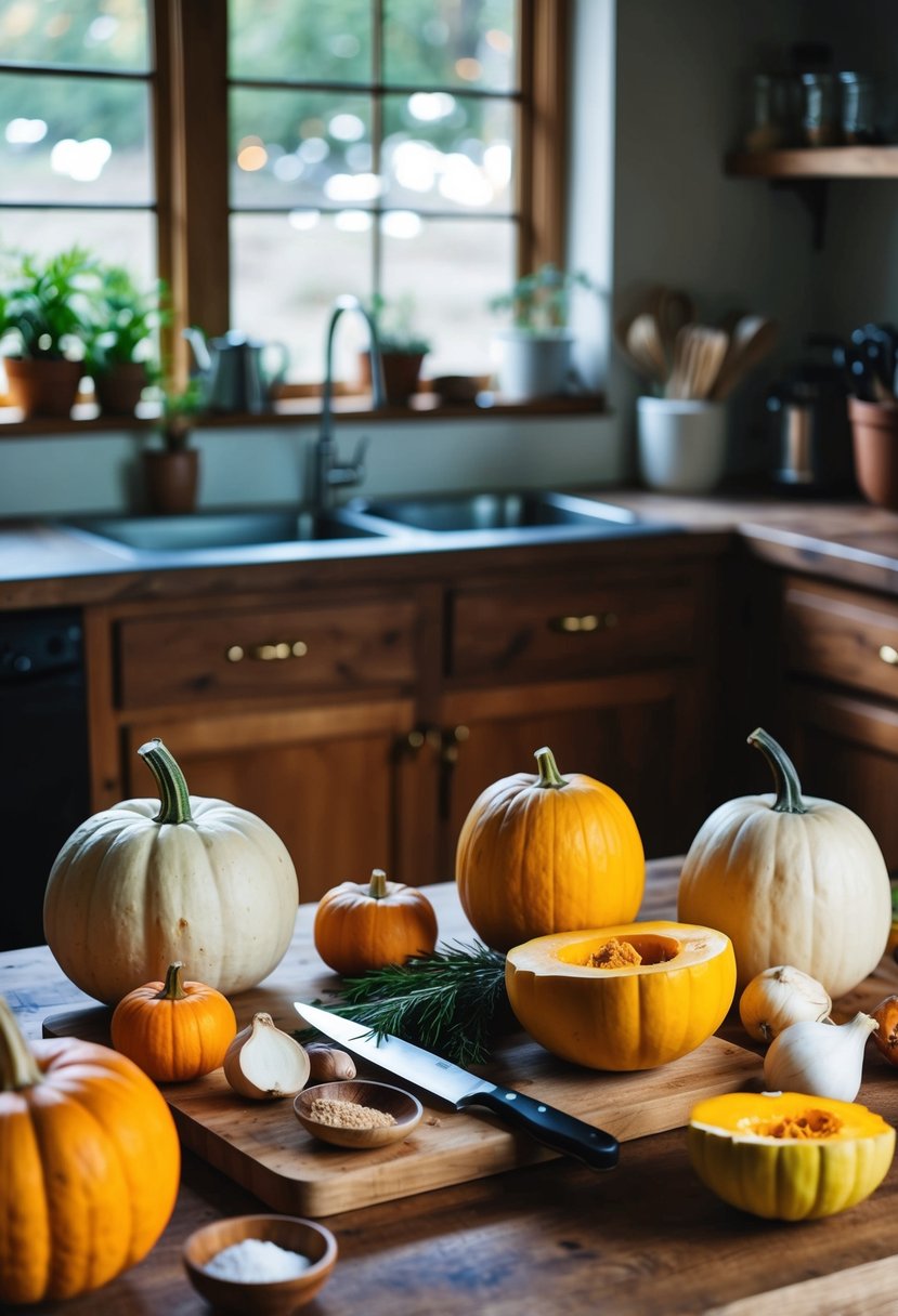 A rustic kitchen with a variety of winter squash, cutting board, knife, and assorted ingredients