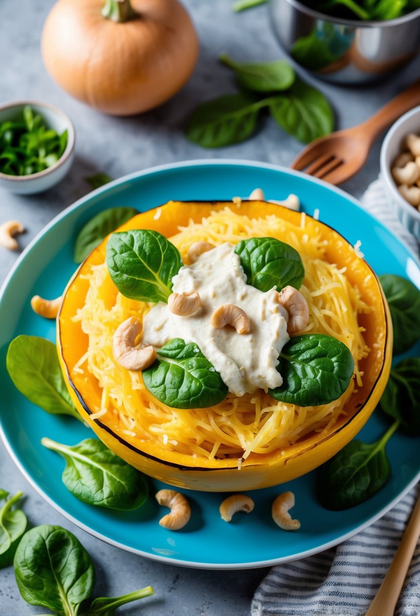 A colorful plate of spaghetti squash topped with creamy cashew cheese and vibrant green spinach leaves, surrounded by fresh ingredients and kitchen utensils