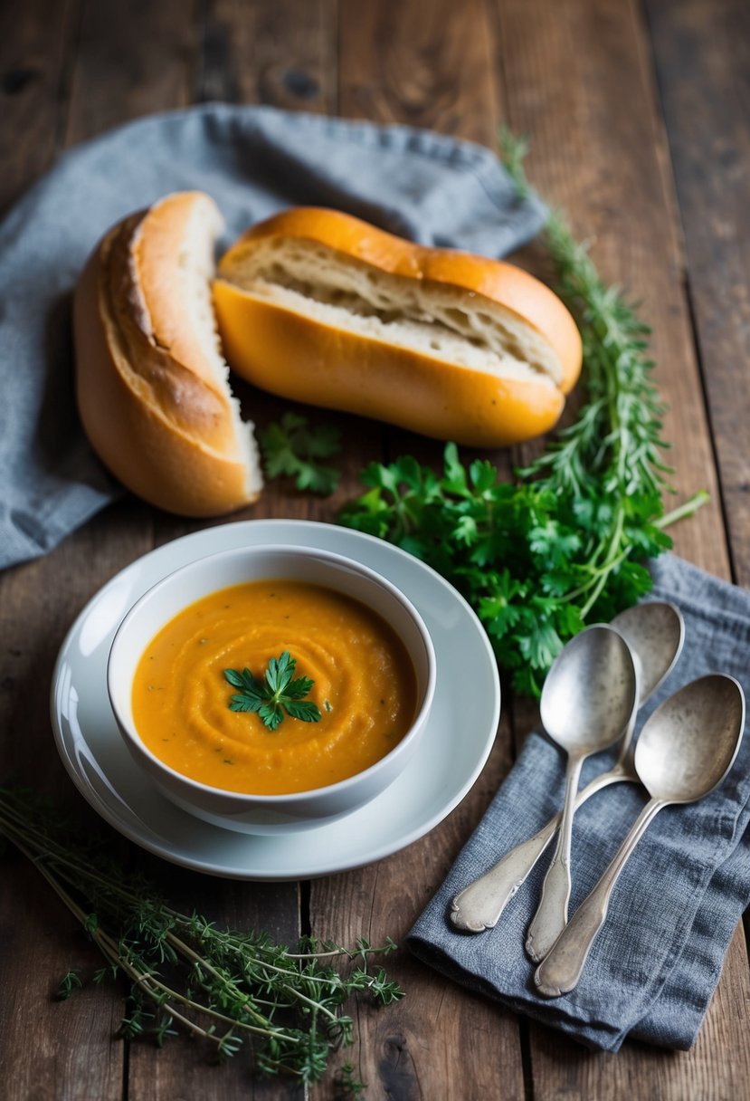 A steaming bowl of butternut squash soup surrounded by fresh herbs and a loaf of crusty bread on a rustic wooden table