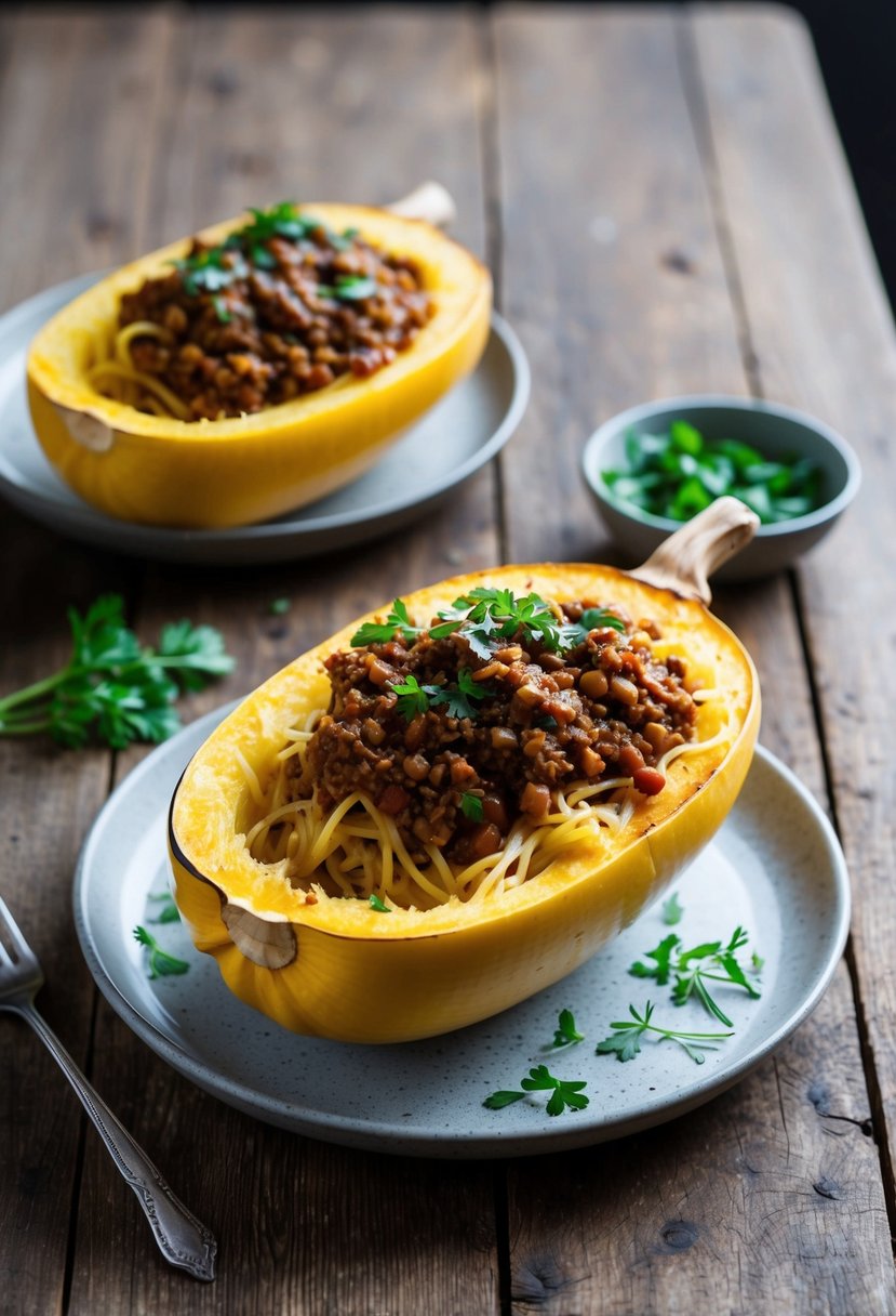 A halved spaghetti squash filled with lentil bolognese, topped with fresh herbs, on a rustic wooden table