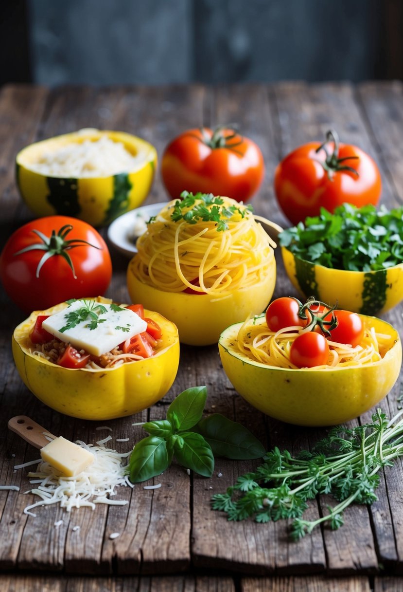 A colorful array of spaghetti squash, tomatoes, cheese, and herbs arranged on a rustic wooden table