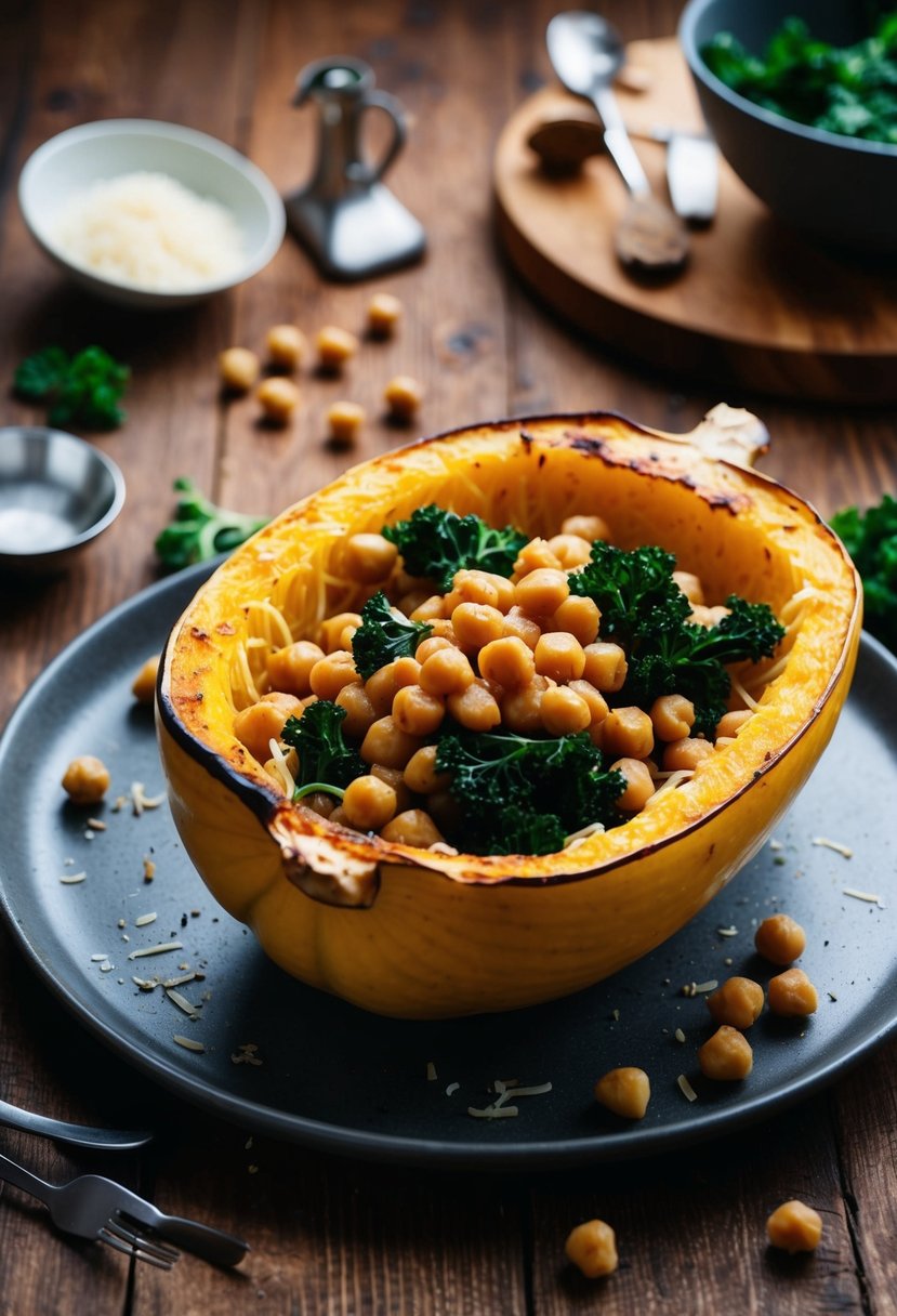 A roasted spaghetti squash filled with chickpeas and kale, surrounded by scattered ingredients and cooking utensils