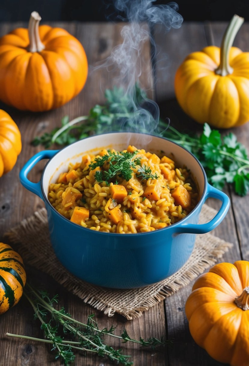 A steaming pot of pumpkin risotto surrounded by winter squash and herbs on a rustic wooden table