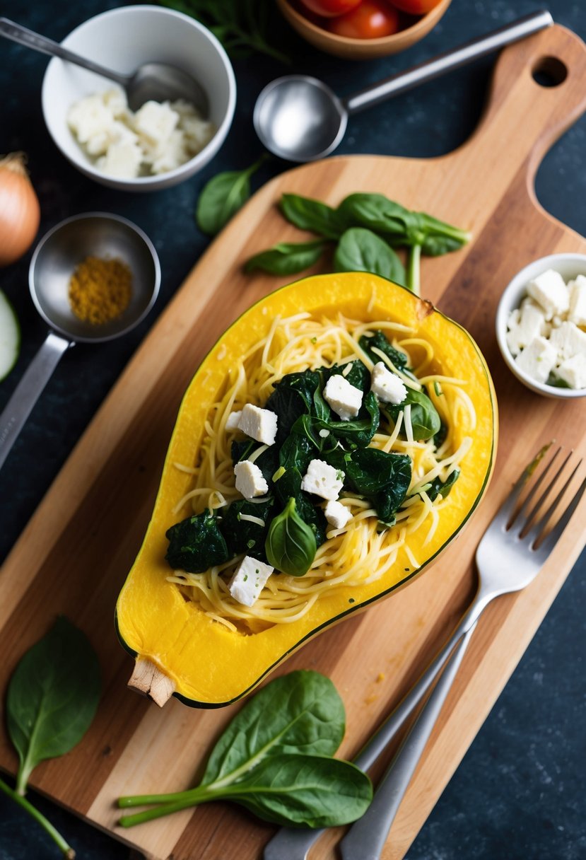 A halved spaghetti squash filled with spinach and vegan feta, surrounded by fresh ingredients and cooking utensils on a wooden cutting board