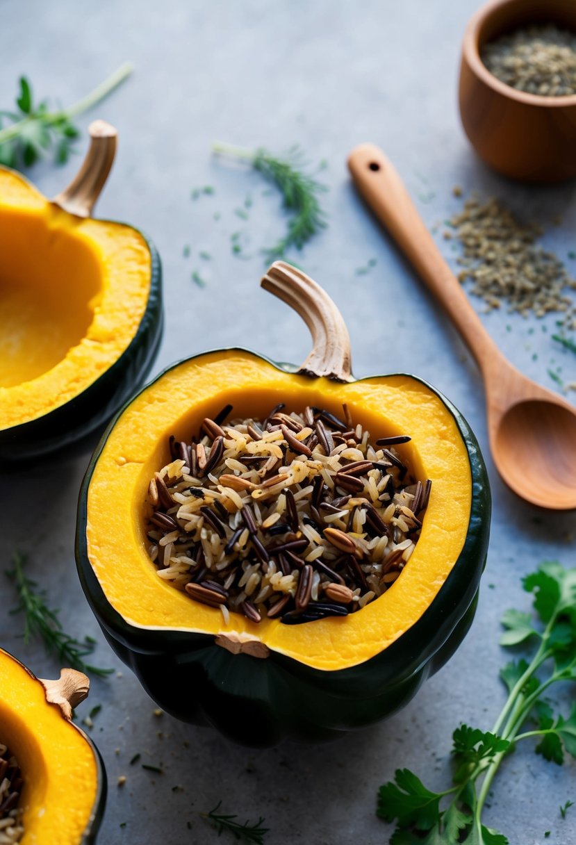 A halved acorn squash filled with wild rice, surrounded by scattered ingredients like herbs, spices, and a wooden spoon