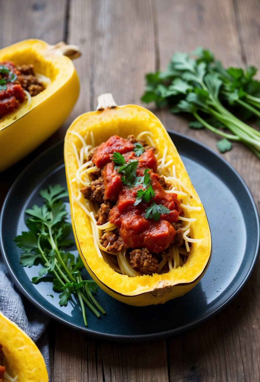 A halved spaghetti squash filled with vegan meat, topped with marinara sauce and fresh herbs, on a rustic wooden table