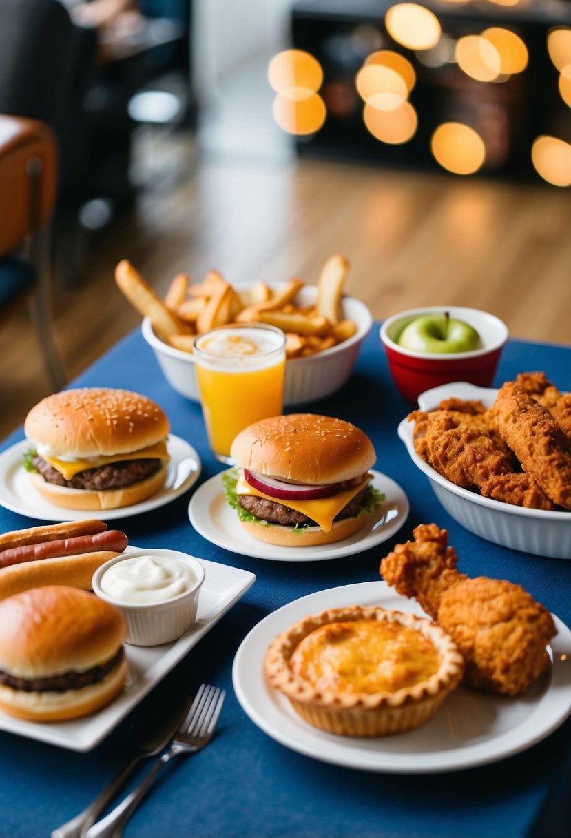 A table set with classic American dishes: hamburgers, hot dogs, apple pie, and fried chicken