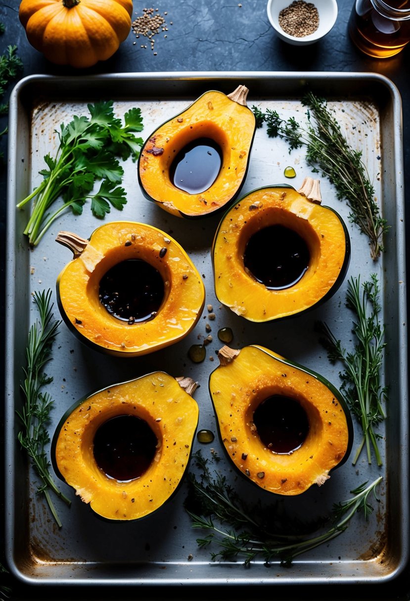 Roasted delicata squash halves drizzled with maple syrup on a baking sheet, surrounded by fresh herbs and spices