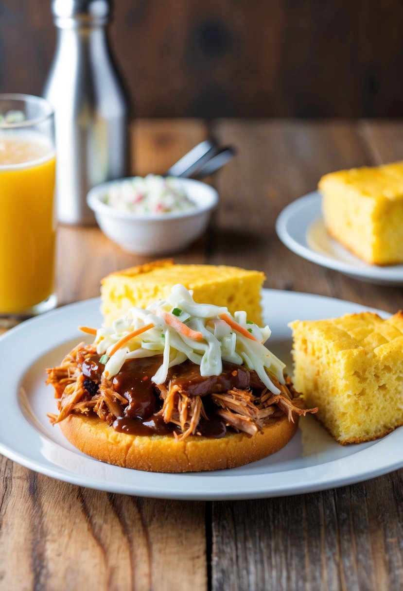 A plate of BBQ pulled pork with coleslaw and cornbread on a wooden table