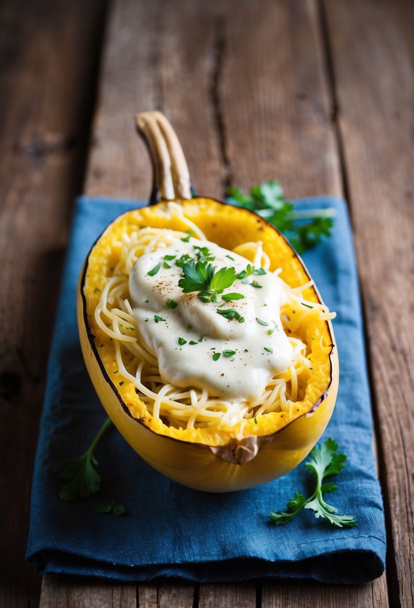 A steaming baked spaghetti squash sits on a rustic wooden table, topped with creamy dairy-free alfredo sauce and sprinkled with fresh herbs