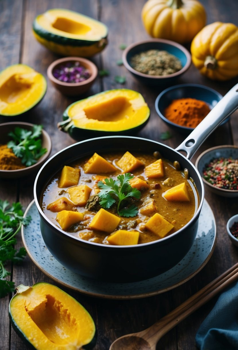 A steaming pot of kabocha squash curry simmers on a rustic wooden table, surrounded by a colorful array of fresh ingredients and aromatic spices