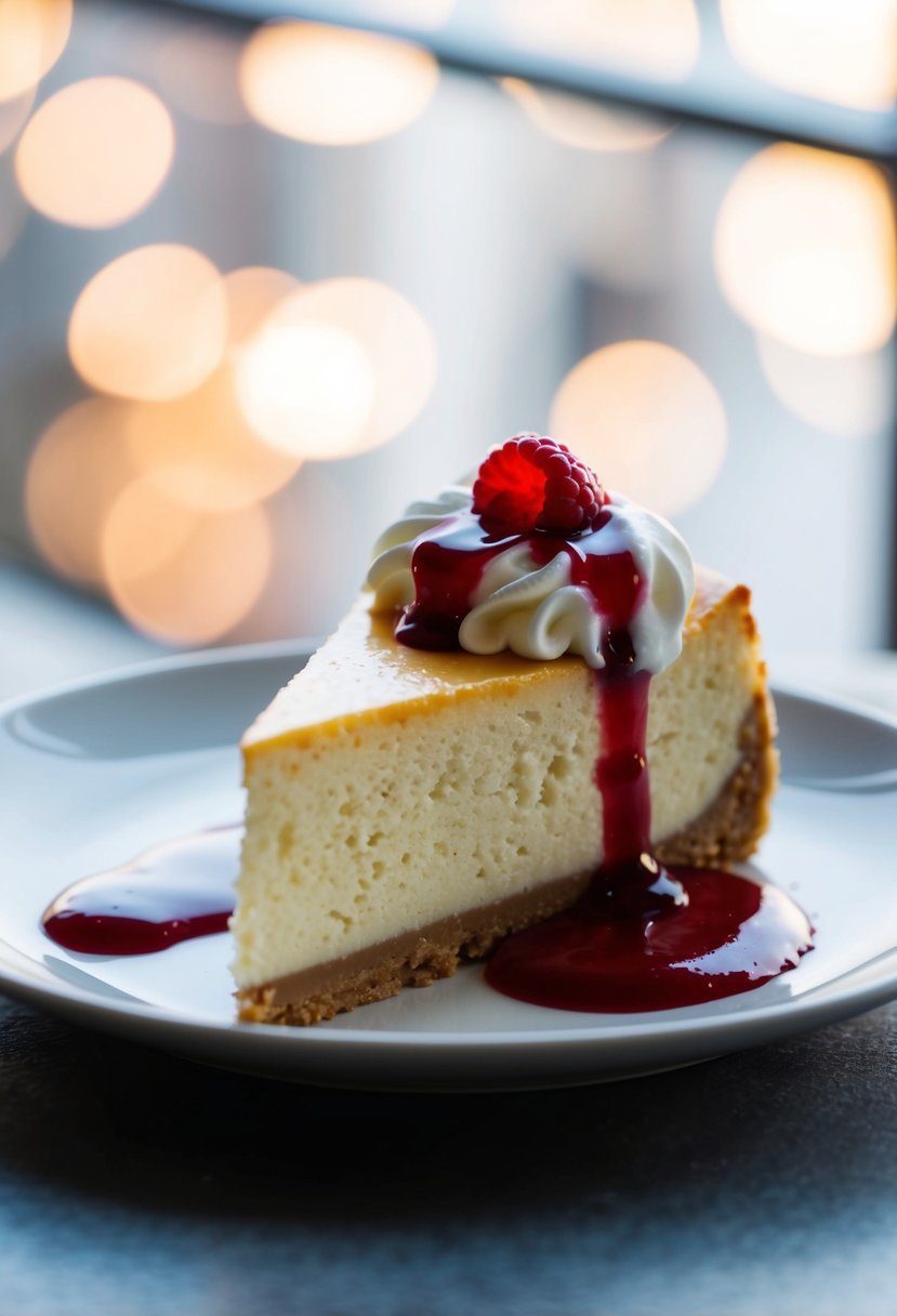 A slice of New York cheesecake sits on a plate, topped with a dollop of whipped cream and a drizzle of raspberry sauce