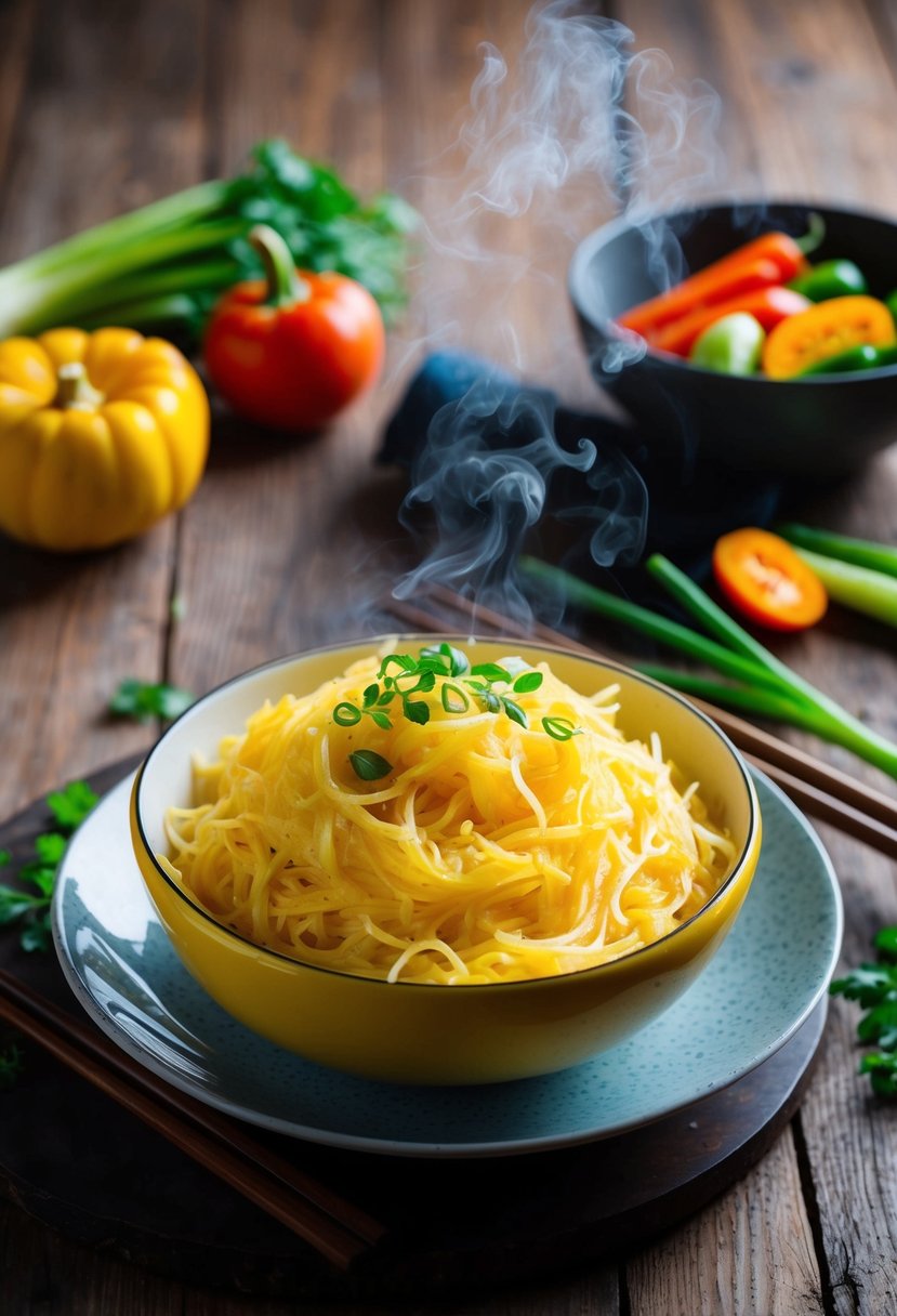 A steaming bowl of creamy Asian spaghetti squash sits on a rustic wooden table, surrounded by colorful vegetables and chopsticks