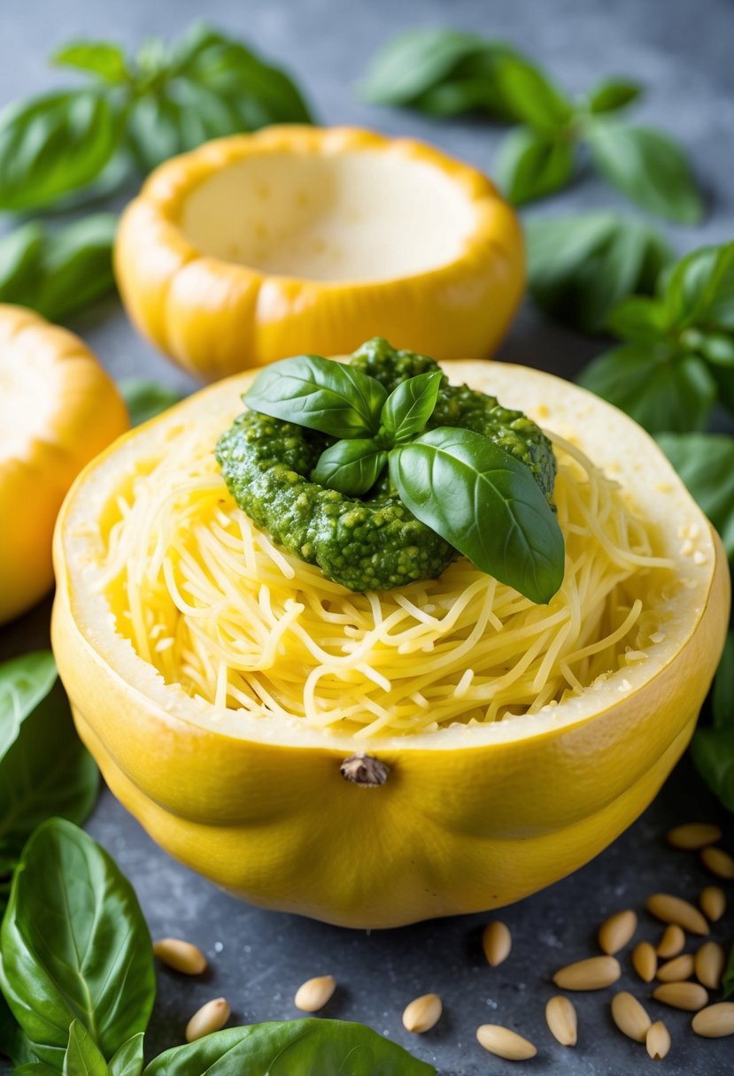 A whole spaghetti squash surrounded by fresh basil leaves and pine nuts, with a dollop of pesto on top