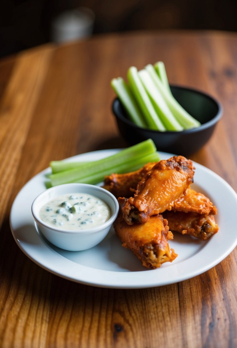 A plate of buffalo wings with celery and blue cheese dip on a wooden table