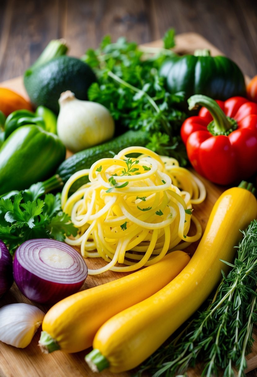 A colorful array of fresh vegetables, spiralized spaghetti squash, and aromatic herbs arranged on a wooden cutting board