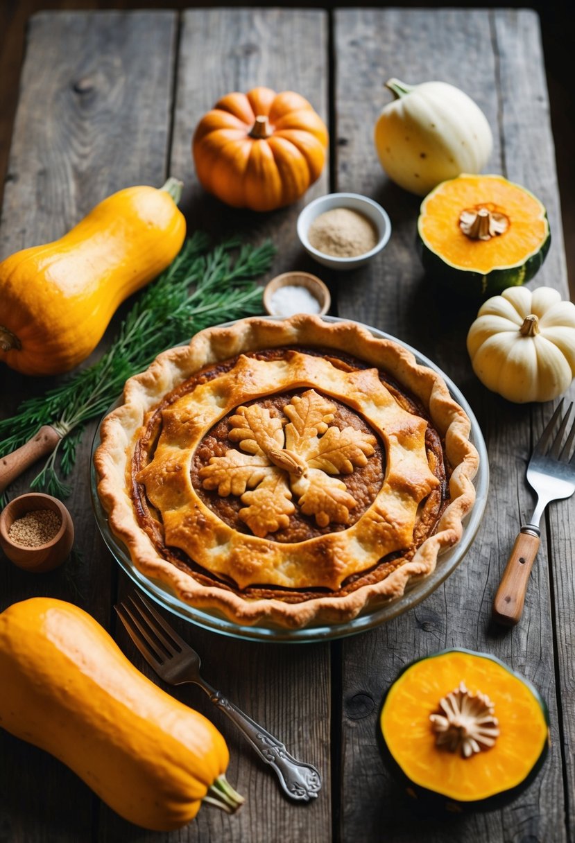 A rustic wooden table with a freshly baked Honeynut Maple Pie surrounded by winter squash and ingredients