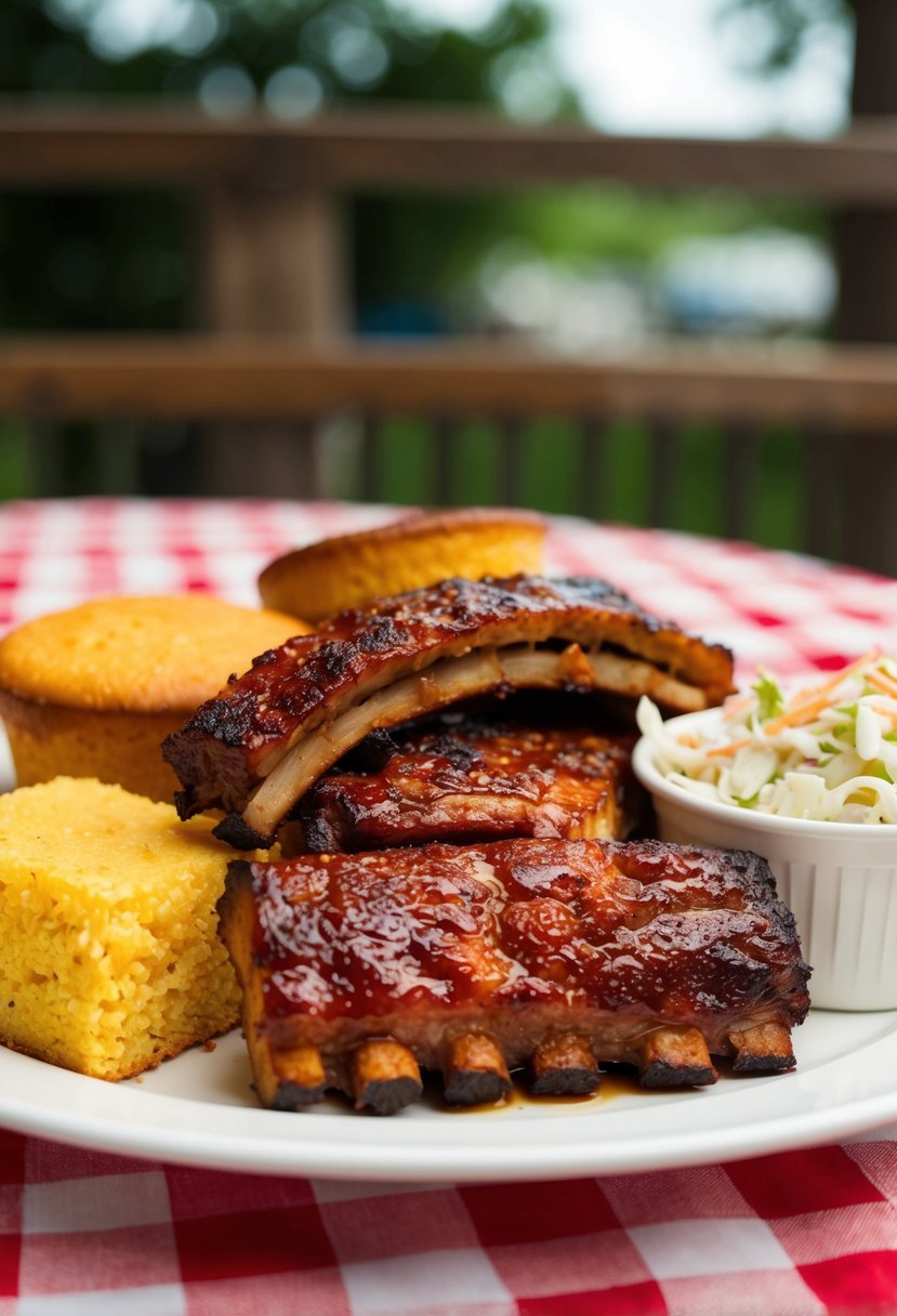 A platter of juicy, caramelized ribs with a side of cornbread and coleslaw on a checkered tablecloth