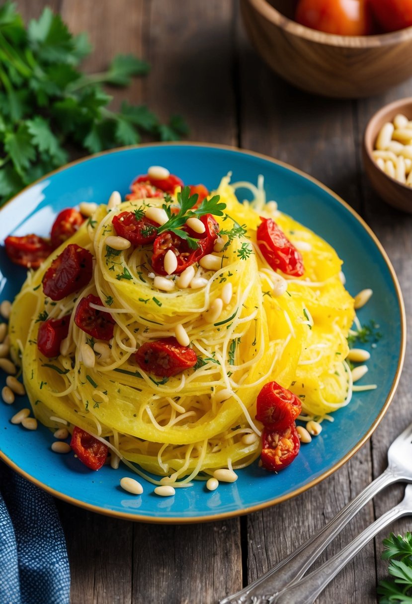 A colorful plate of spaghetti squash mixed with sun-dried tomatoes and pine nuts, garnished with fresh herbs, sits on a rustic wooden table