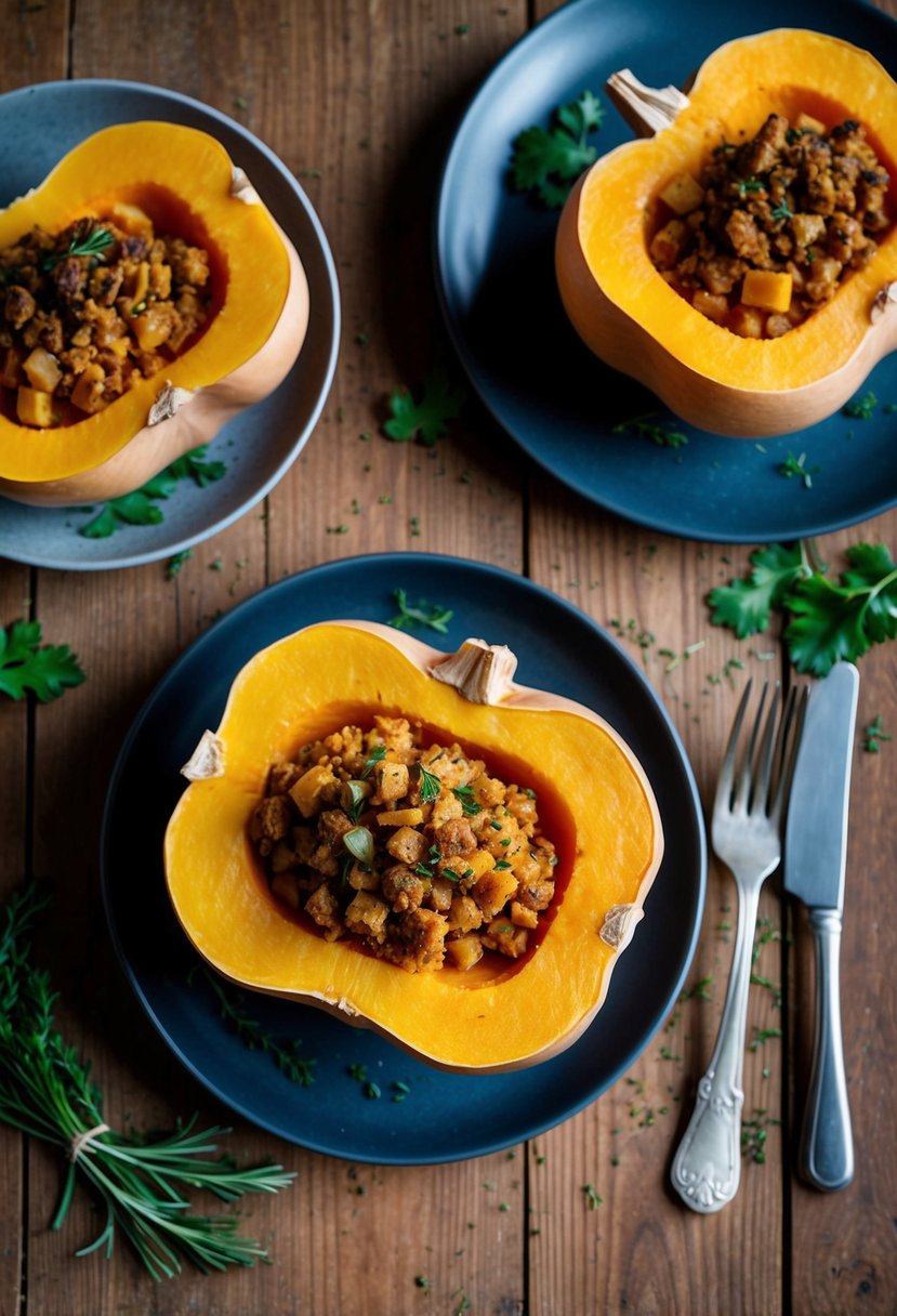 A rustic wooden table with a halved butternut squash filled with savory stuffing, surrounded by scattered herbs and spices