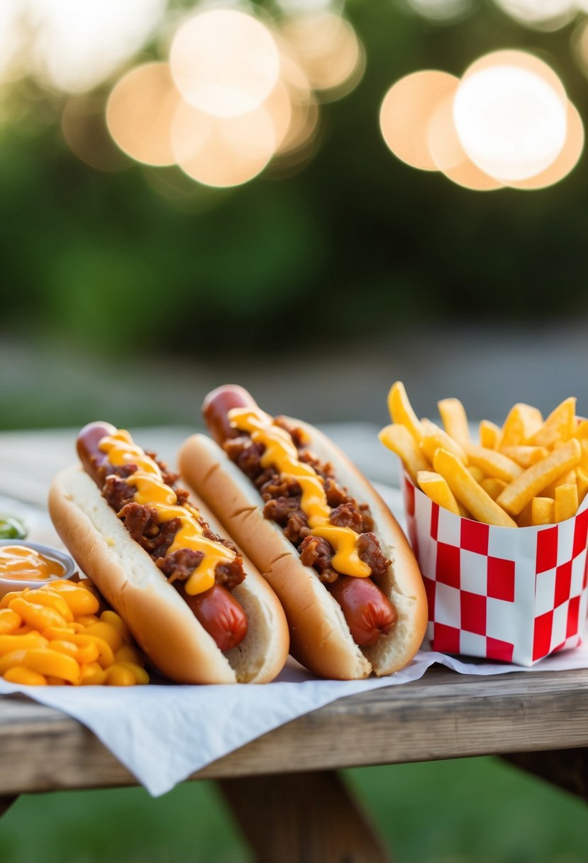 A picnic table with chili cheese dogs, condiments, and a side of fries