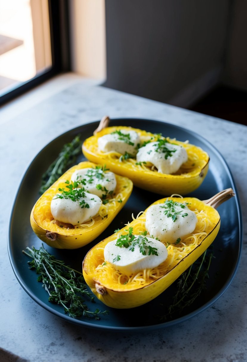 A platter of halved spaghetti squash filled with nutty vegan mozzarella, garnished with fresh herbs and ready to be baked