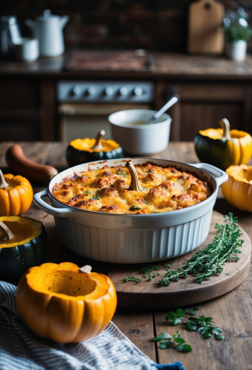 A rustic kitchen table with a bubbling casserole dish surrounded by acorn squash, sausages, and herbs